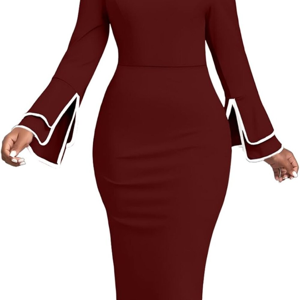 Church Dress For Women Flared Sleeve Midi Pencil Dress Elegant Teacher Office Bu